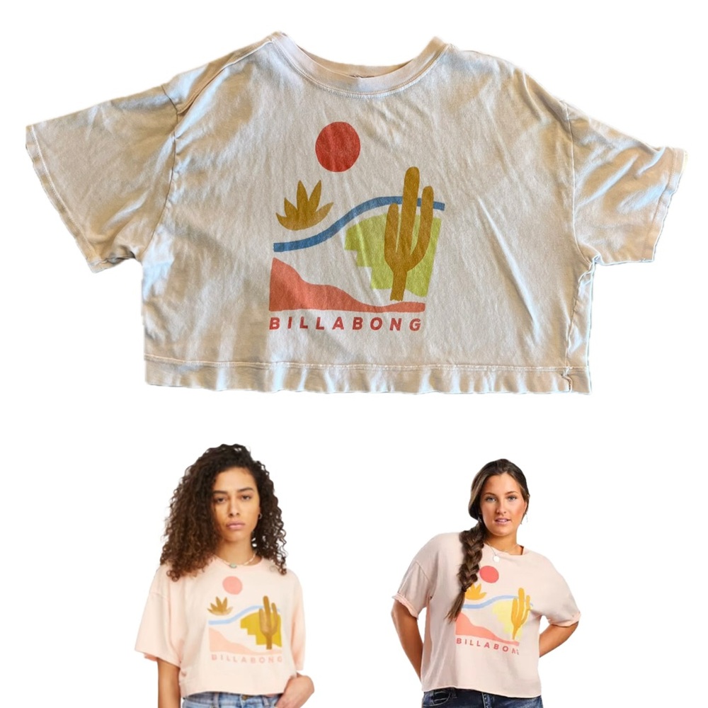 Billabong Oversized Crop raw edge boxy fit Tee  Pinkish / Beige / Peach hues